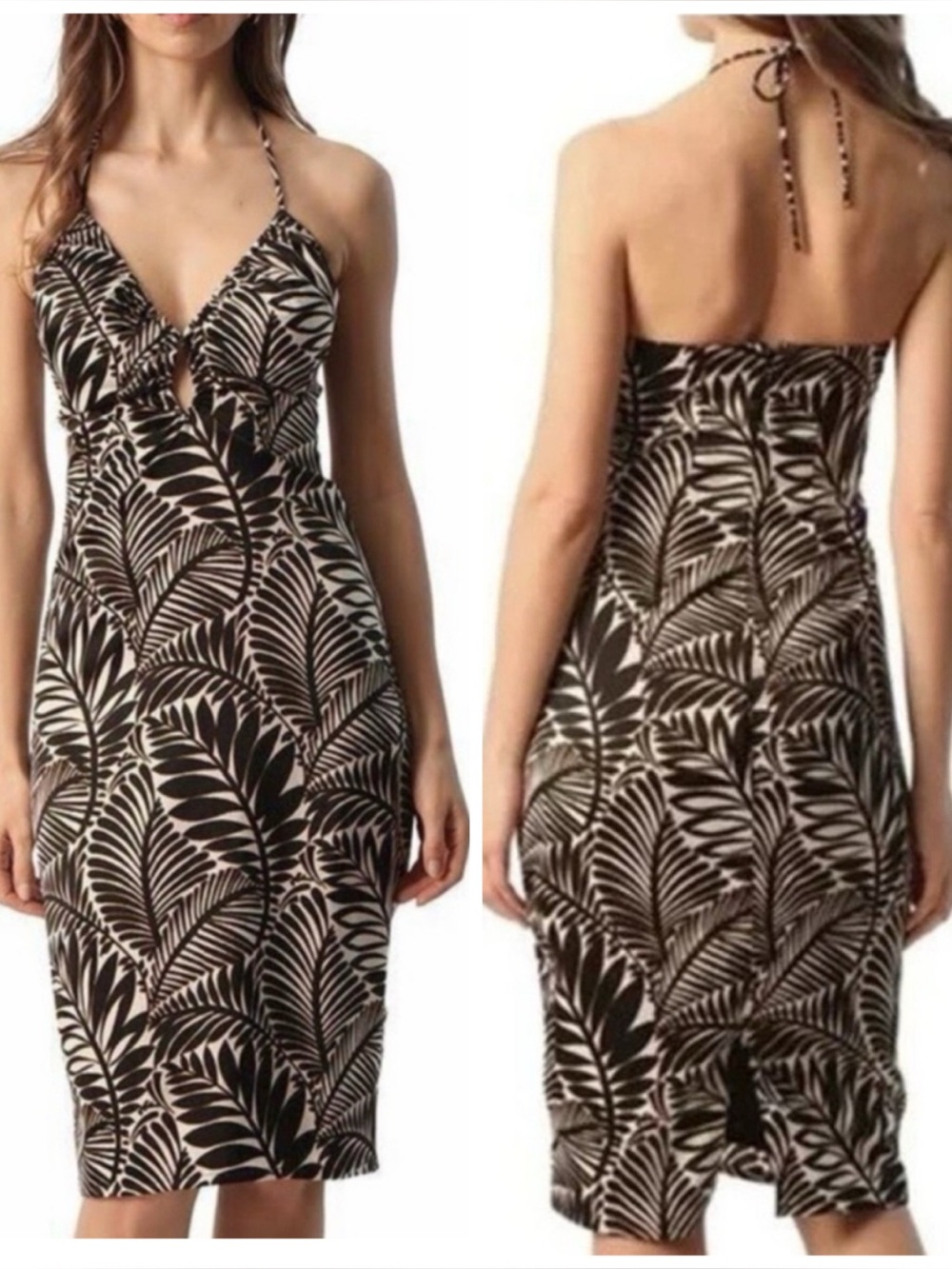 Christian Lacroix Palm Print Tropical Satin Keyhole Halter Midi Dress in Black